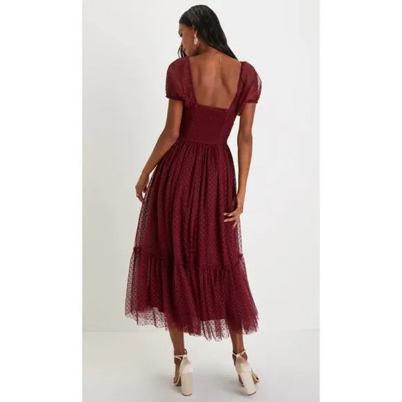 Lulus Burgundy Tulle Swiss Dot Tiered Bustier Sweet Amor  Midi Dress Size L