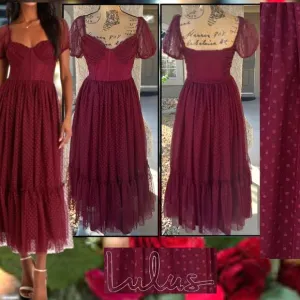 Lulus Burgundy Tulle Swiss Dot Tiered Bustier Sweet Amor  Midi Dress Size L
