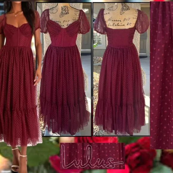 Lulus Burgundy Tulle Swiss Dot Tiered Bustier Sweet Amor  Midi Dress Size L