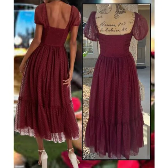 Lulus Burgundy Tulle Swiss Dot Tiered Bustier Sweet Amor  Midi Dress Size L