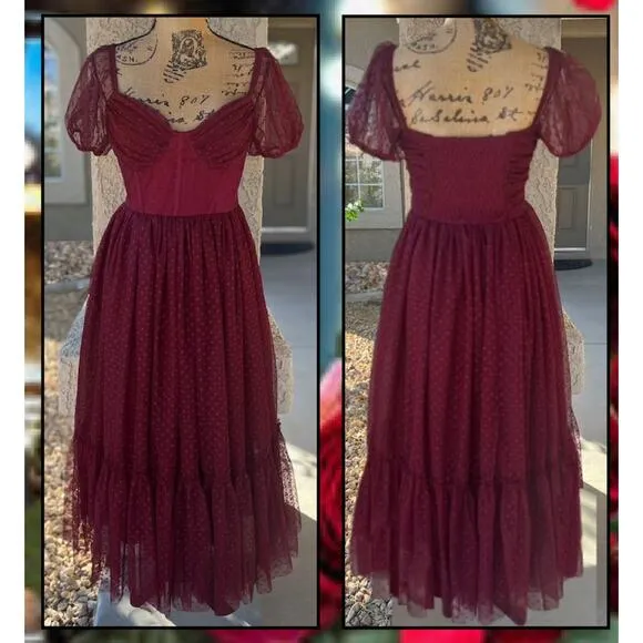 Lulus Burgundy Tulle Swiss Dot Tiered Bustier Sweet Amor  Midi Dress Size L