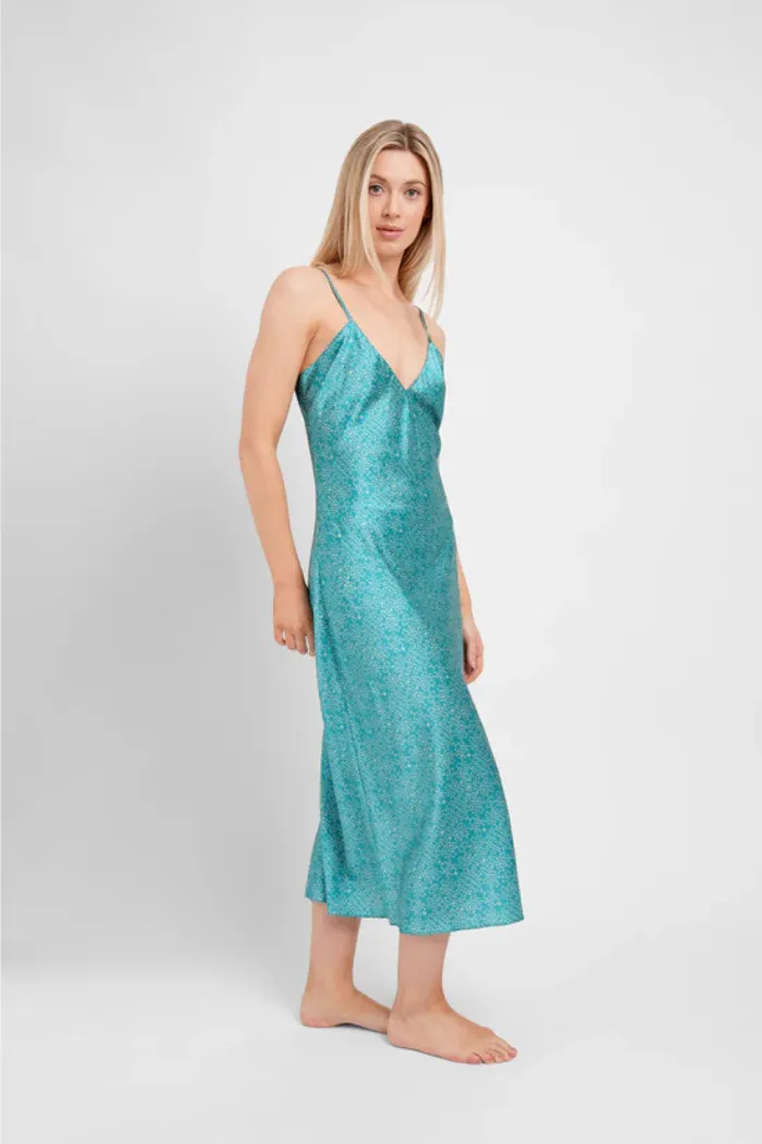 Luxury Silp Midi Slip / Teal Stars