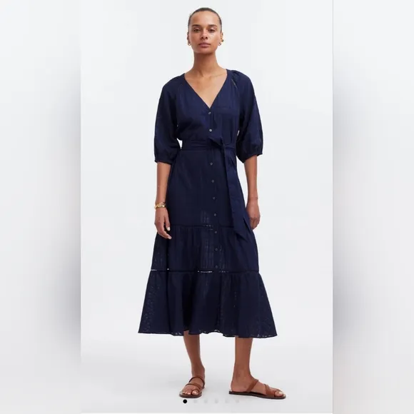 Madewell Depeche Tie Waist 3/4 Sleeve Midi Navy Blue Dress Slip Lining Size 0