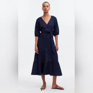 Madewell Depeche Tie Waist 3/4 Sleeve Midi Navy Blue Dress Slip Lining Size 0