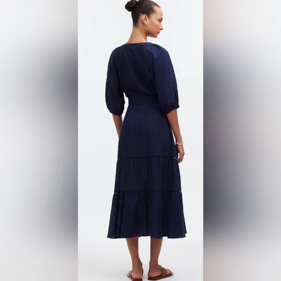 Madewell Depeche Tie Waist 3/4 Sleeve Midi Navy Blue Dress Slip Lining Size 0