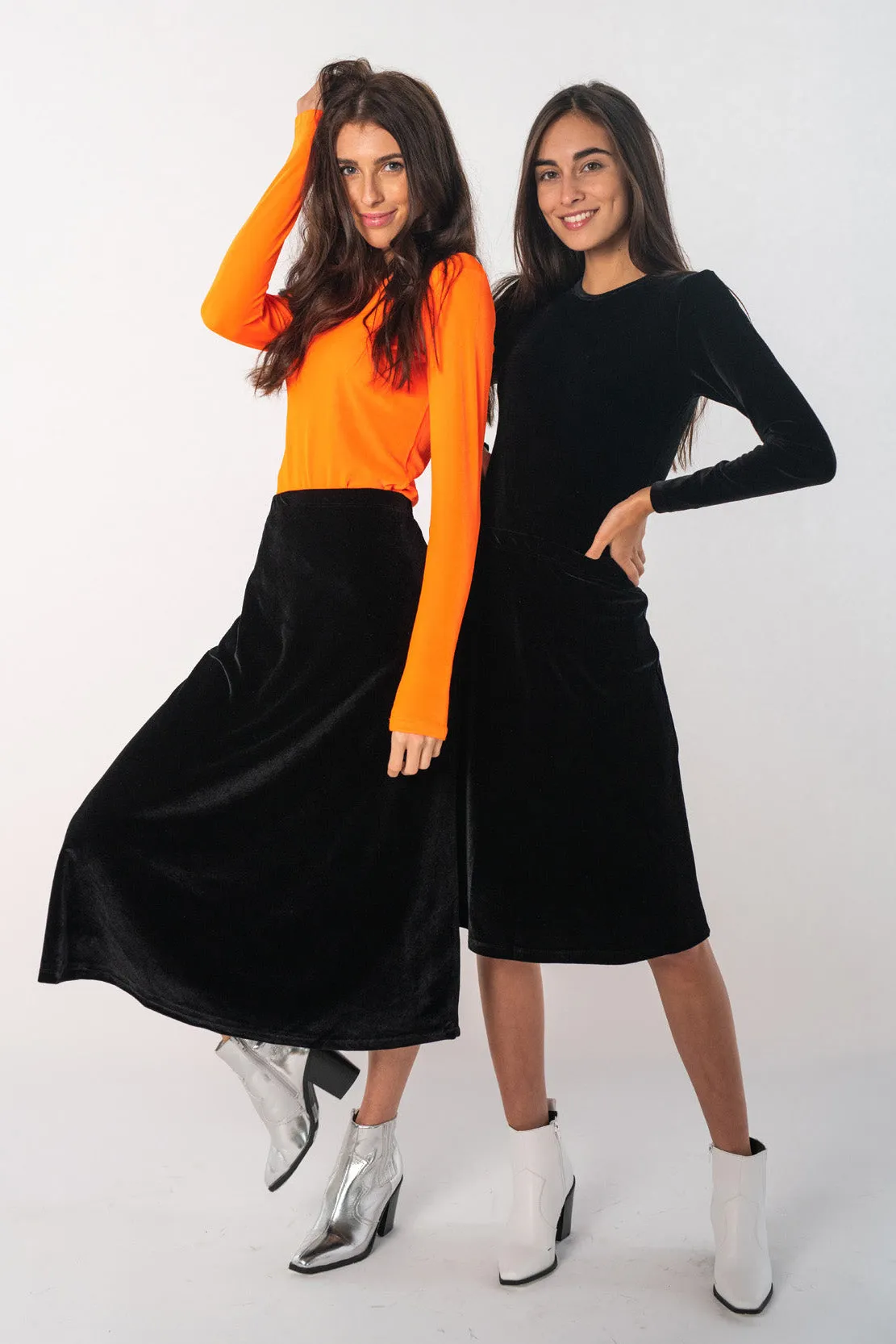 Midi Velvet Slip Skirt - Black