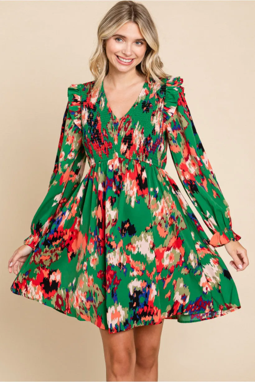 Multicolor Print Baby Doll Dress W/ V-Neck