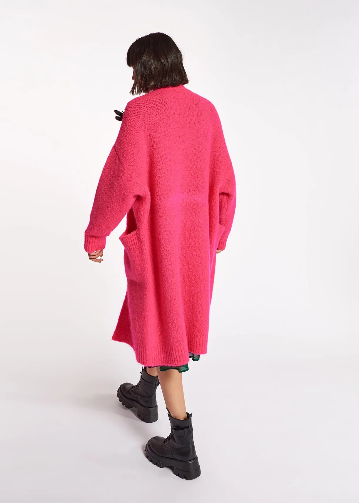 Neon pink midi-length mohair-blend cardigan