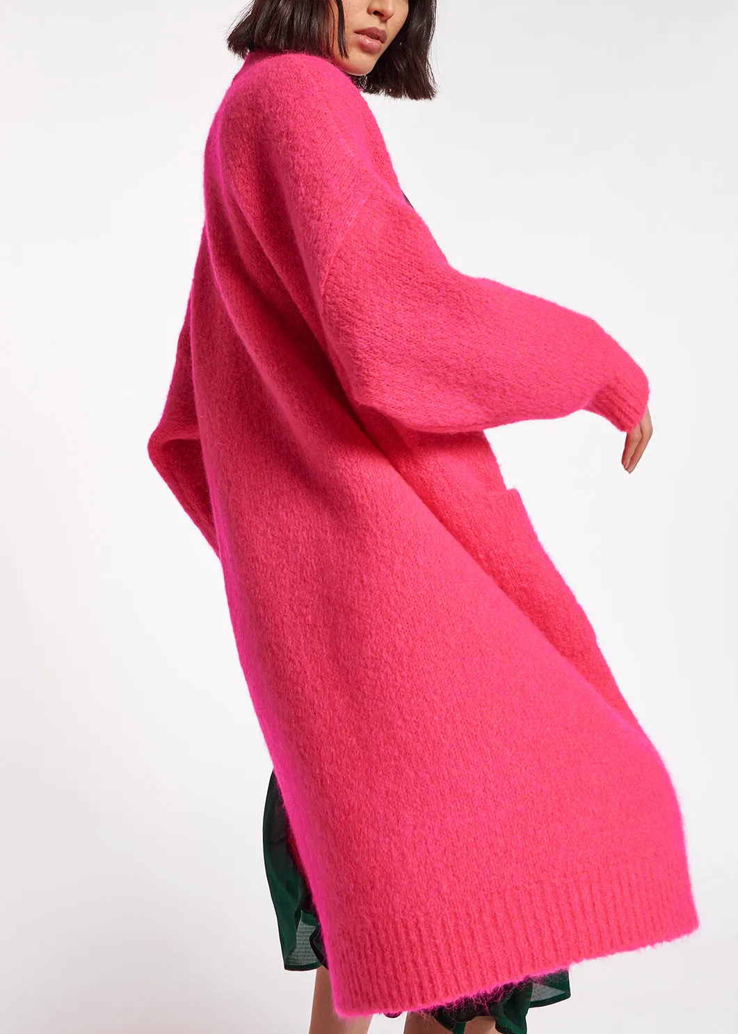 Neon pink midi-length mohair-blend cardigan