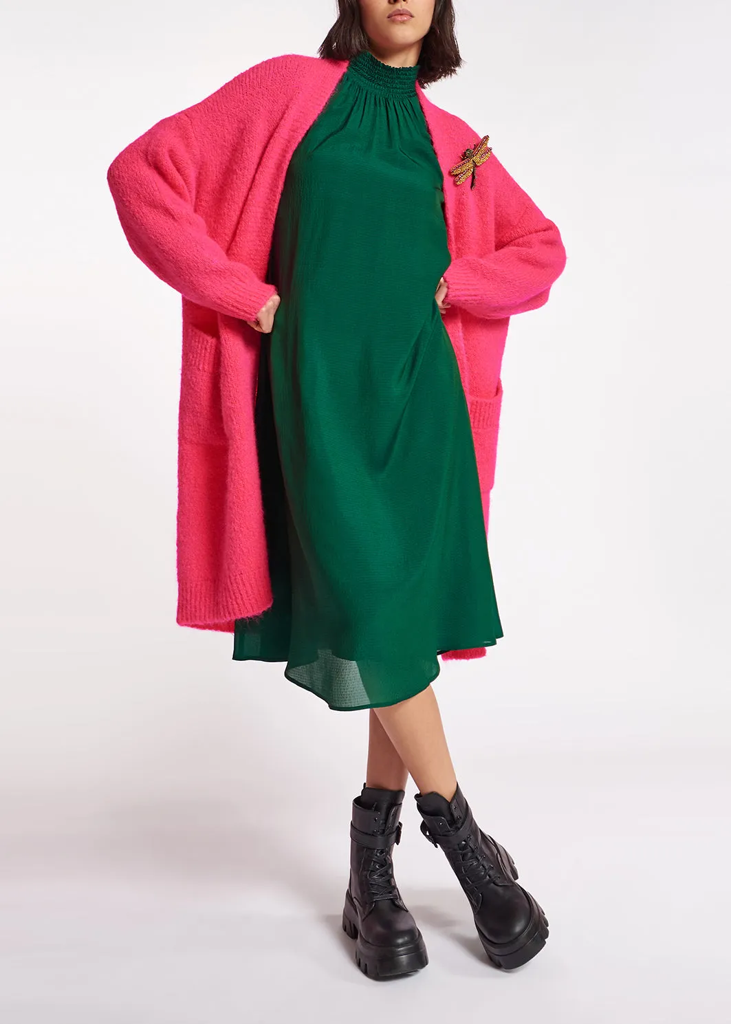 Neon pink midi-length mohair-blend cardigan