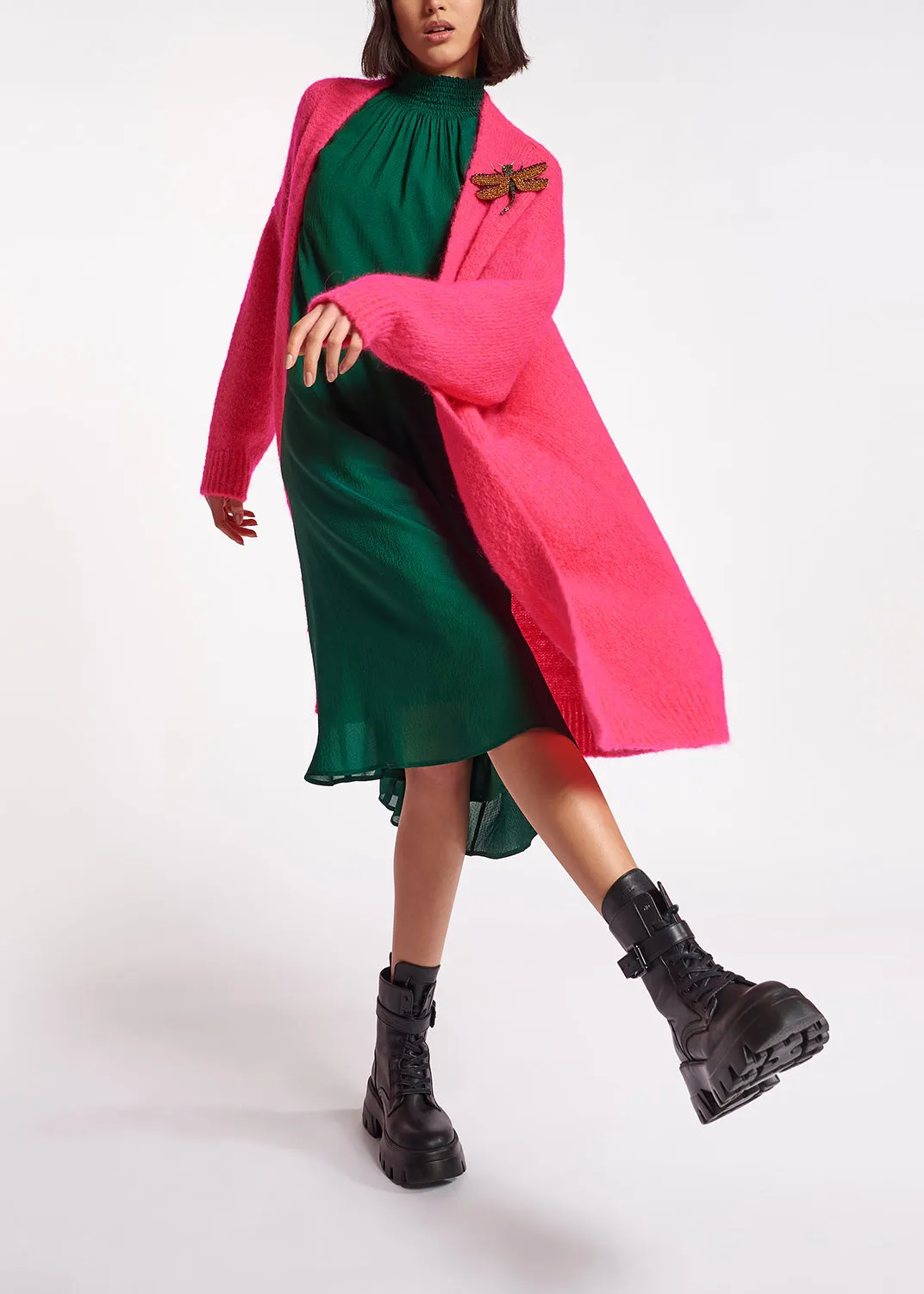 Neon pink midi-length mohair-blend cardigan