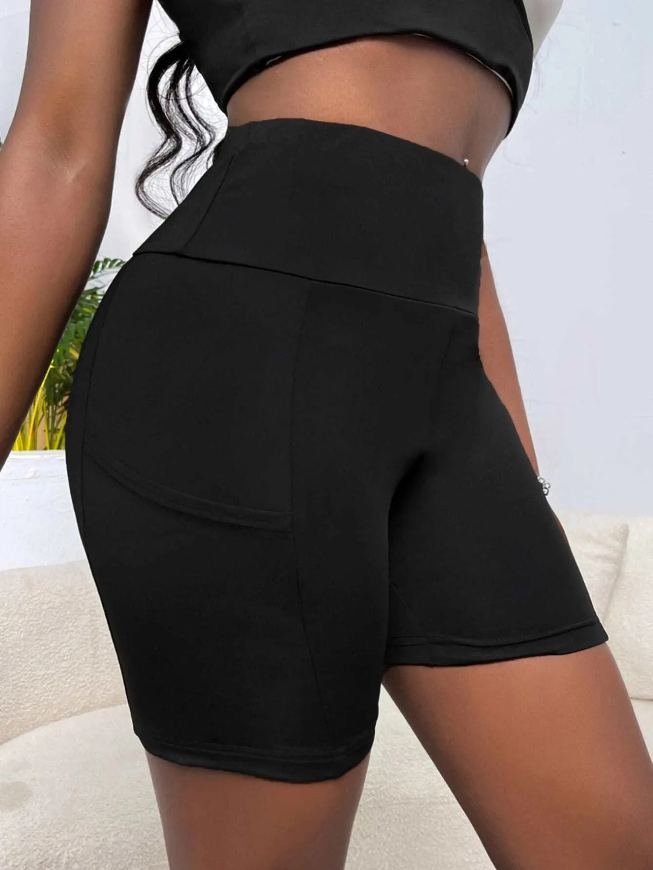 New Shein Wideband Waist Biker Shorts With Phone Pocket, Black, Sz XS!