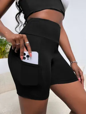 New Shein Wideband Waist Biker Shorts With Phone Pocket, Black, Sz XS!