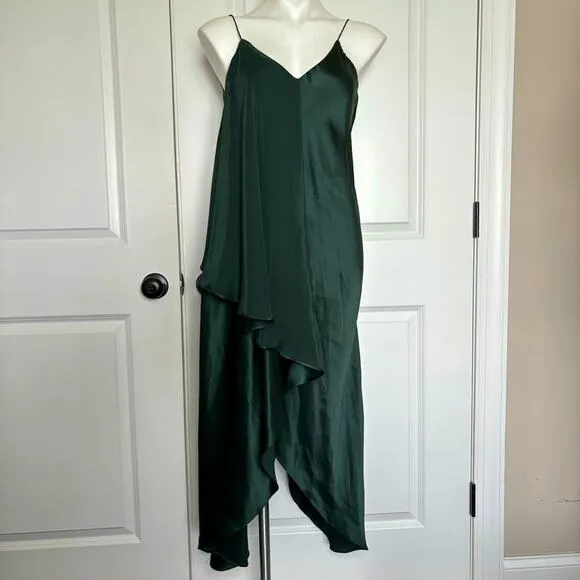 NWT Hatch Flutter Cami Slip Ruffle Silk Midi Dress Dark Green P One Size Petite