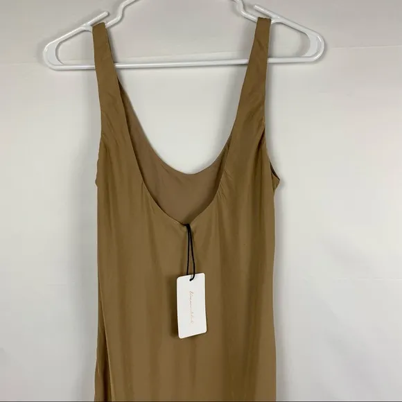 NWT Line &amp; Dot Ariel Scoop Neck Sleeveless Midi Satin Slip Dress Camel Tan