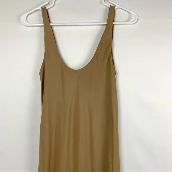 NWT Line &amp; Dot Ariel Scoop Neck Sleeveless Midi Satin Slip Dress Camel Tan