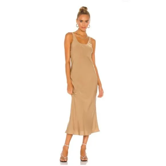 NWT Line &amp; Dot Ariel Scoop Neck Sleeveless Midi Satin Slip Dress Camel Tan