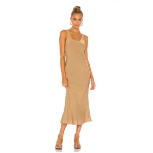 NWT Line &amp; Dot Ariel Scoop Neck Sleeveless Midi Satin Slip Dress Camel Tan