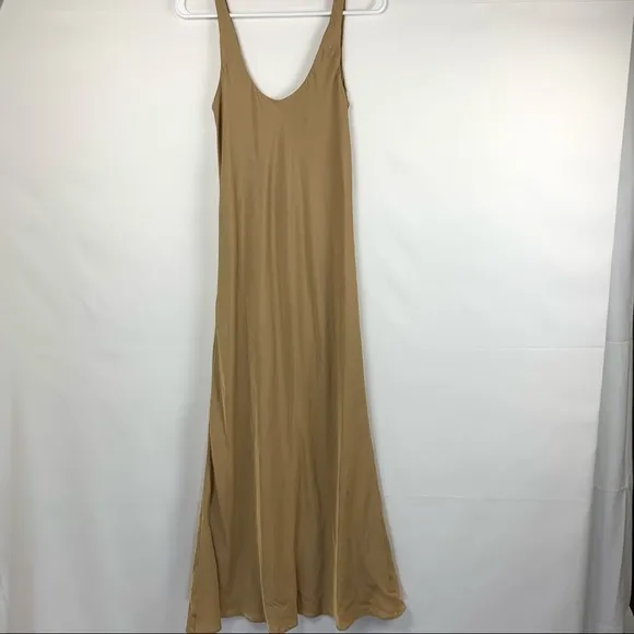NWT Line &amp; Dot Ariel Scoop Neck Sleeveless Midi Satin Slip Dress Camel Tan