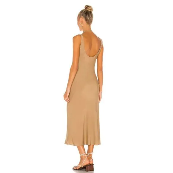 NWT Line &amp; Dot Ariel Scoop Neck Sleeveless Midi Satin Slip Dress Camel Tan