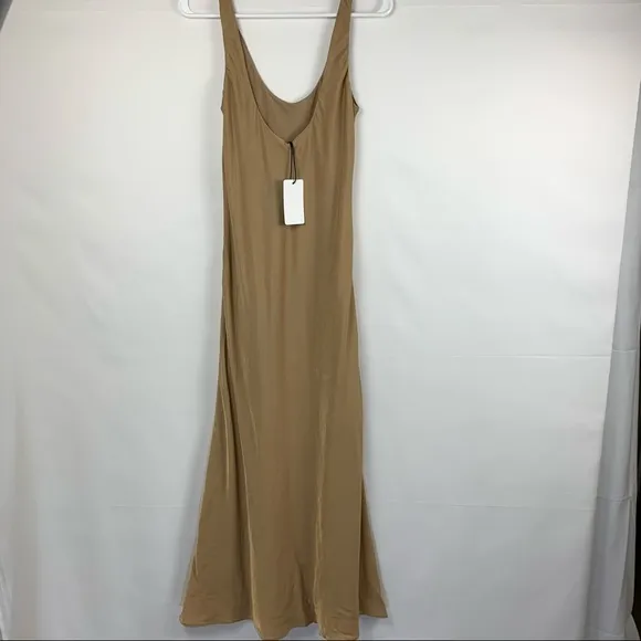 NWT Line &amp; Dot Ariel Scoop Neck Sleeveless Midi Satin Slip Dress Camel Tan