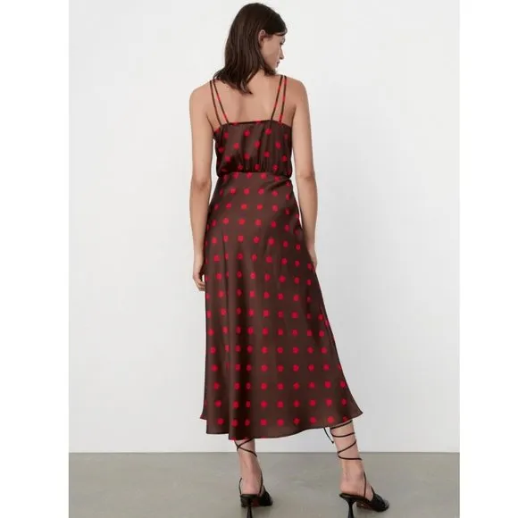 NWT ZARA  POLKA DOT SILKY SLIP MIDI DRESS BLOGGERS FAV SMALL