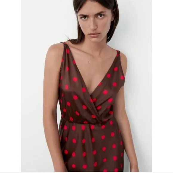 NWT ZARA  POLKA DOT SILKY SLIP MIDI DRESS BLOGGERS FAV SMALL