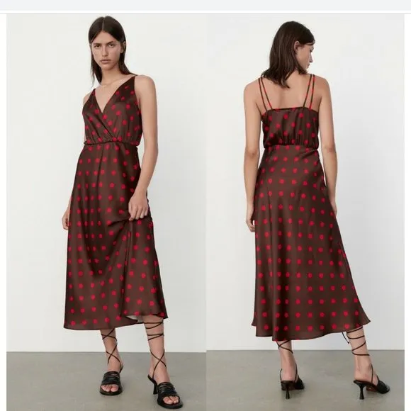 NWT ZARA  POLKA DOT SILKY SLIP MIDI DRESS BLOGGERS FAV SMALL