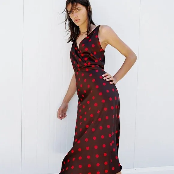 NWT ZARA  POLKA DOT SILKY SLIP MIDI DRESS BLOGGERS FAV SMALL