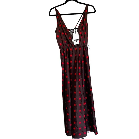 NWT ZARA  POLKA DOT SILKY SLIP MIDI DRESS BLOGGERS FAV SMALL