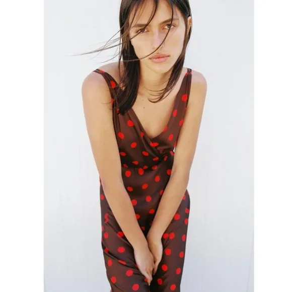 NWT ZARA  POLKA DOT SILKY SLIP MIDI DRESS BLOGGERS FAV SMALL