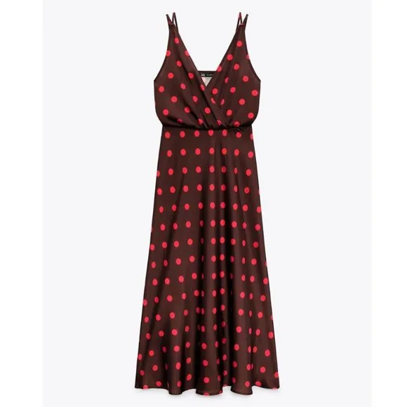 NWT ZARA  POLKA DOT SILKY SLIP MIDI DRESS BLOGGERS FAV SMALL