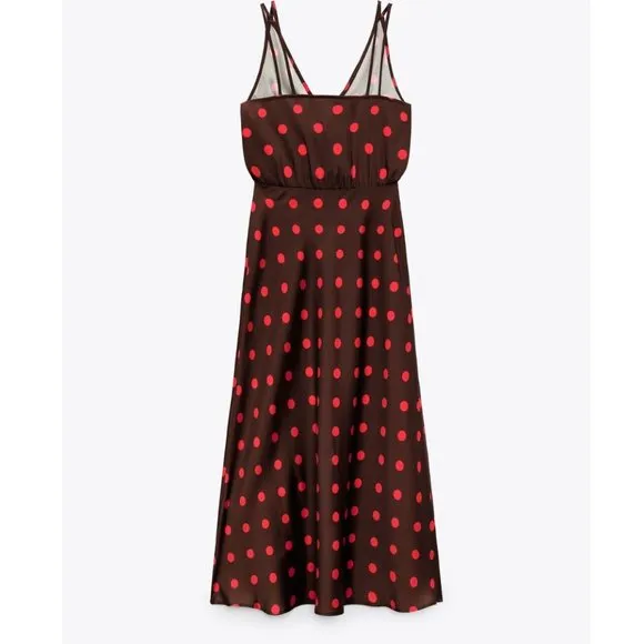 NWT ZARA  POLKA DOT SILKY SLIP MIDI DRESS BLOGGERS FAV SMALL