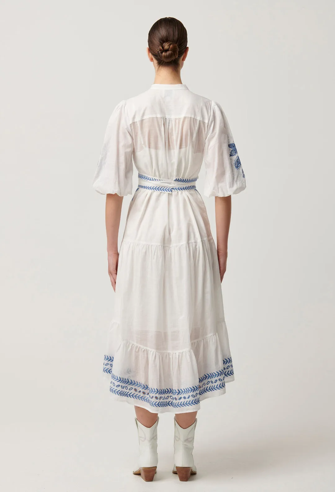 Once Was - Gabriette Embroidered Cotton Slub Dress in Milk