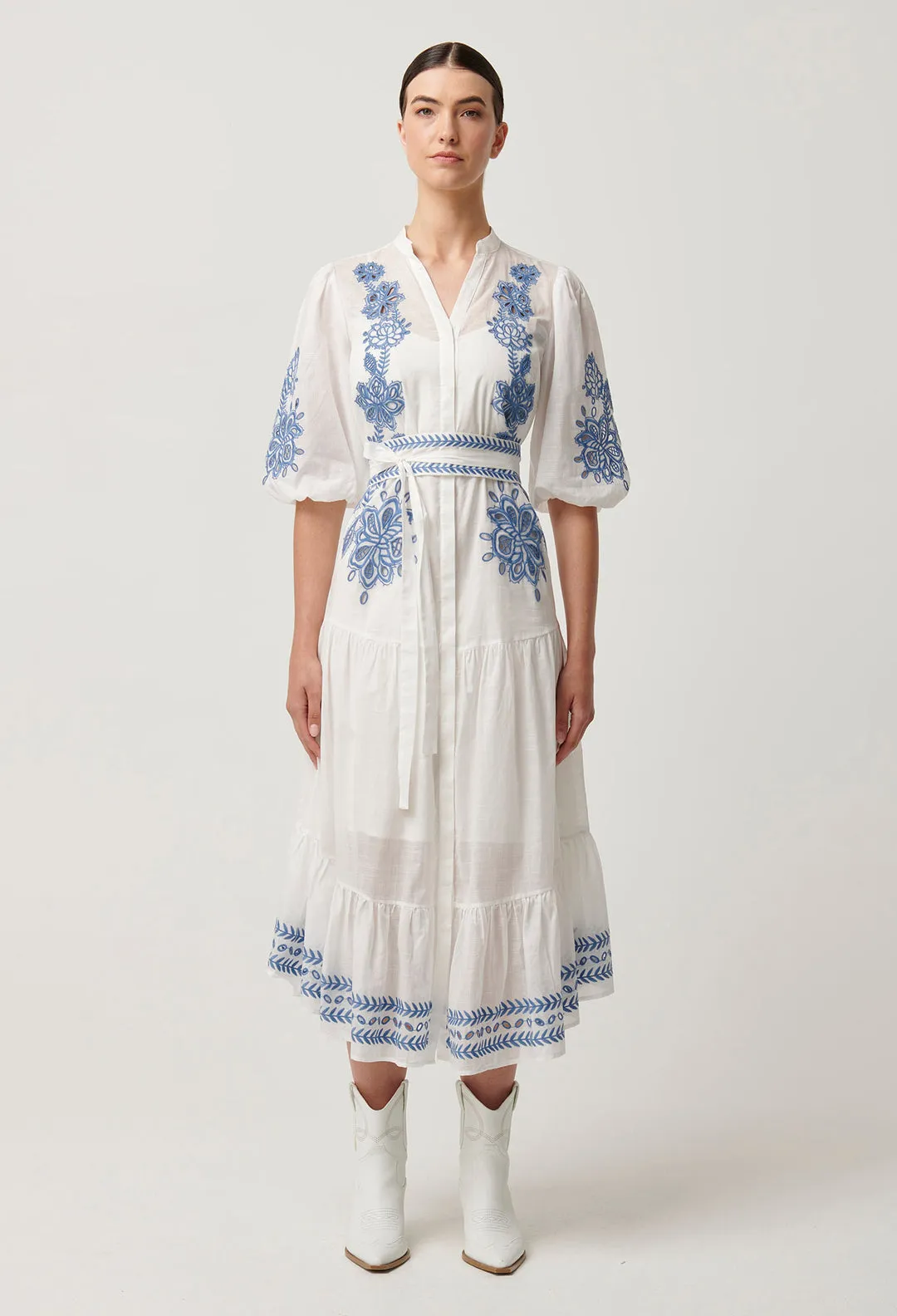 Once Was - Gabriette Embroidered Cotton Slub Dress in Milk