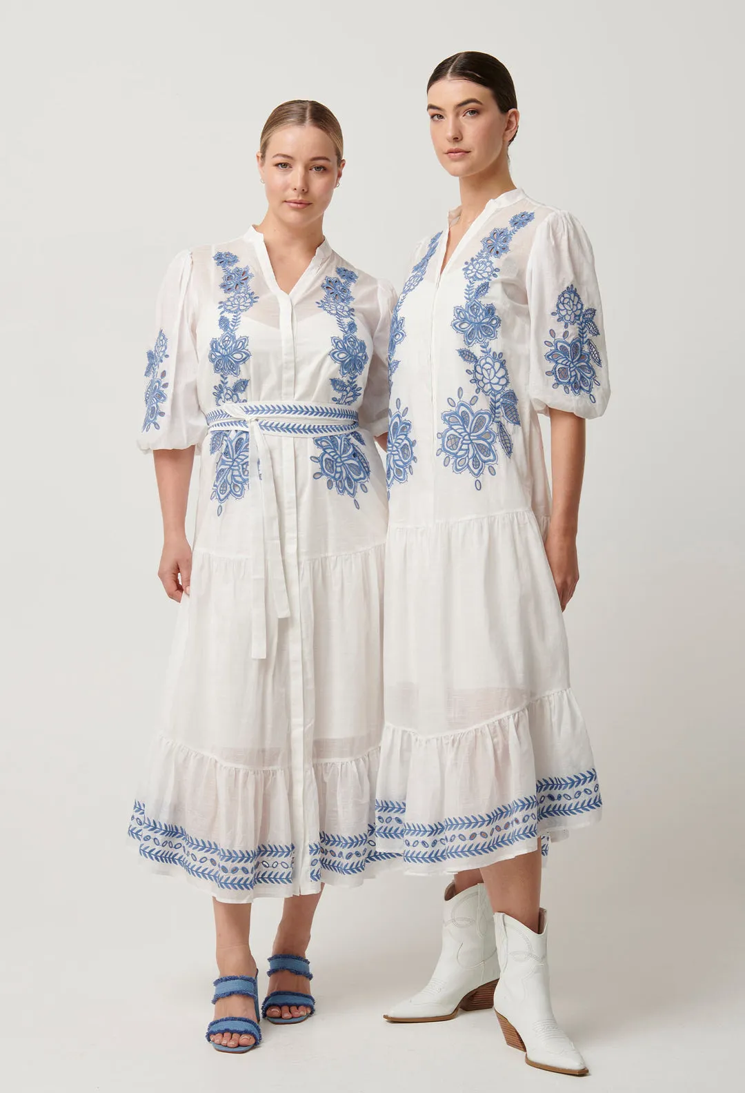 Once Was - Gabriette Embroidered Cotton Slub Dress in Milk