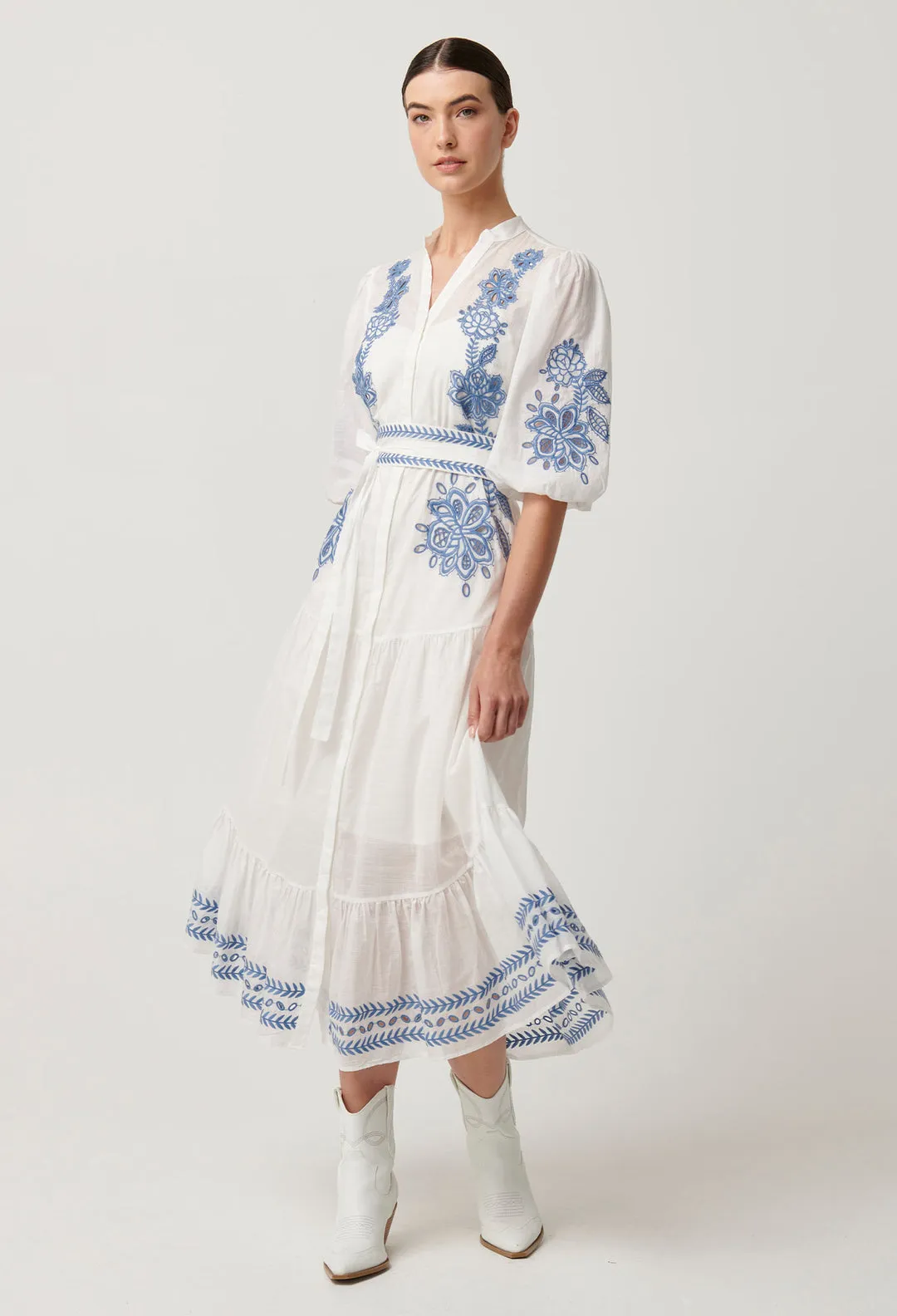 Once Was - Gabriette Embroidered Cotton Slub Dress in Milk