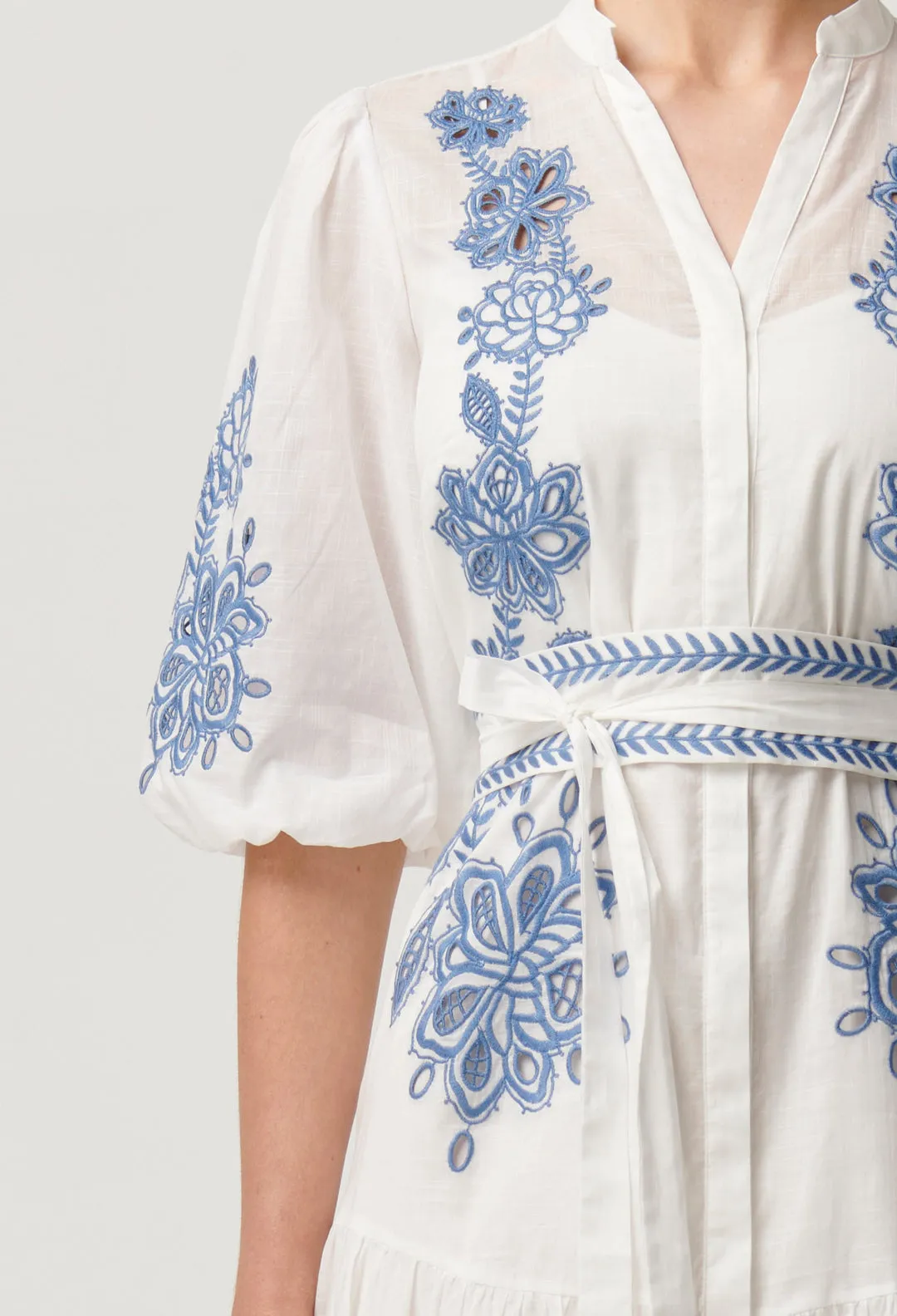 Once Was - Gabriette Embroidered Cotton Slub Dress in Milk