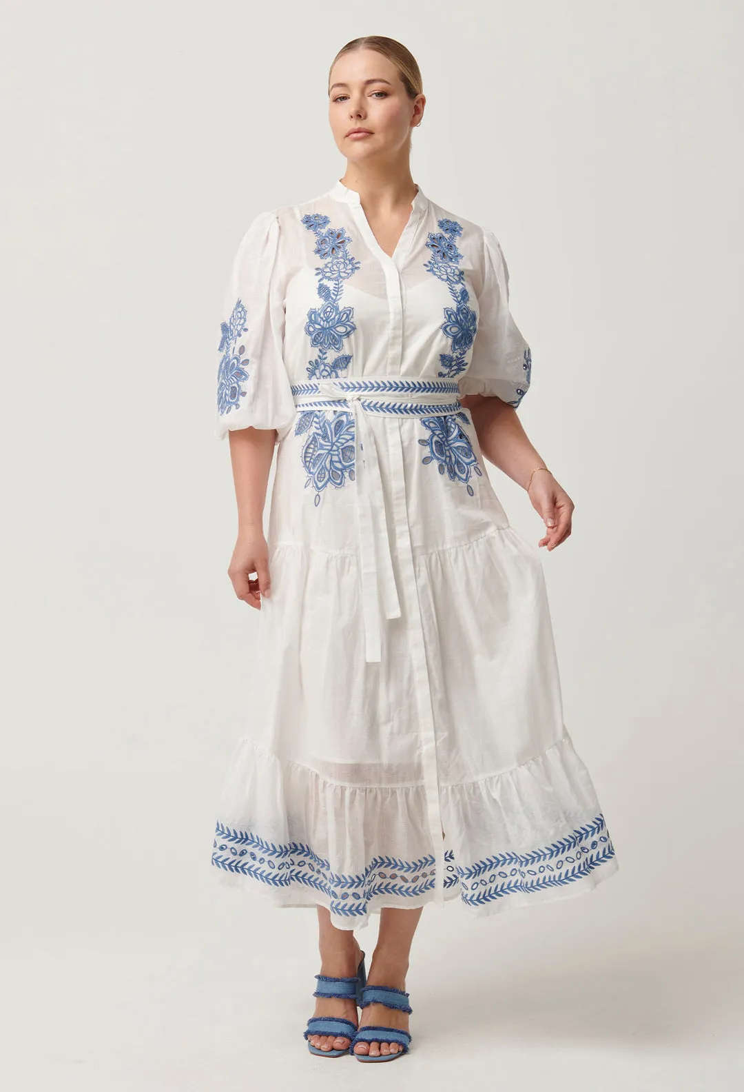 Once Was - Gabriette Embroidered Cotton Slub Dress in Milk