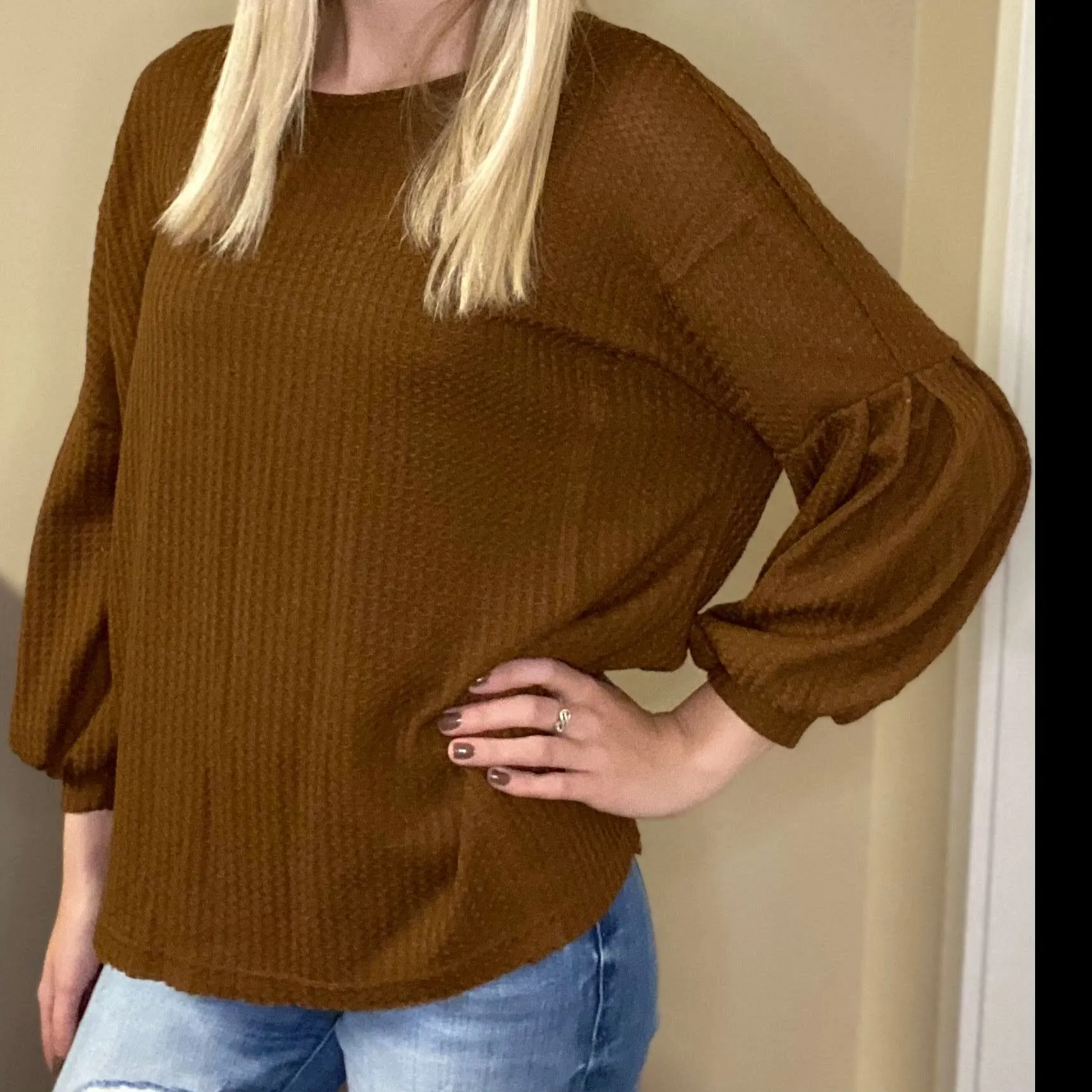 Open Back Balloon Sleeve Waffle Knit Top in Camel