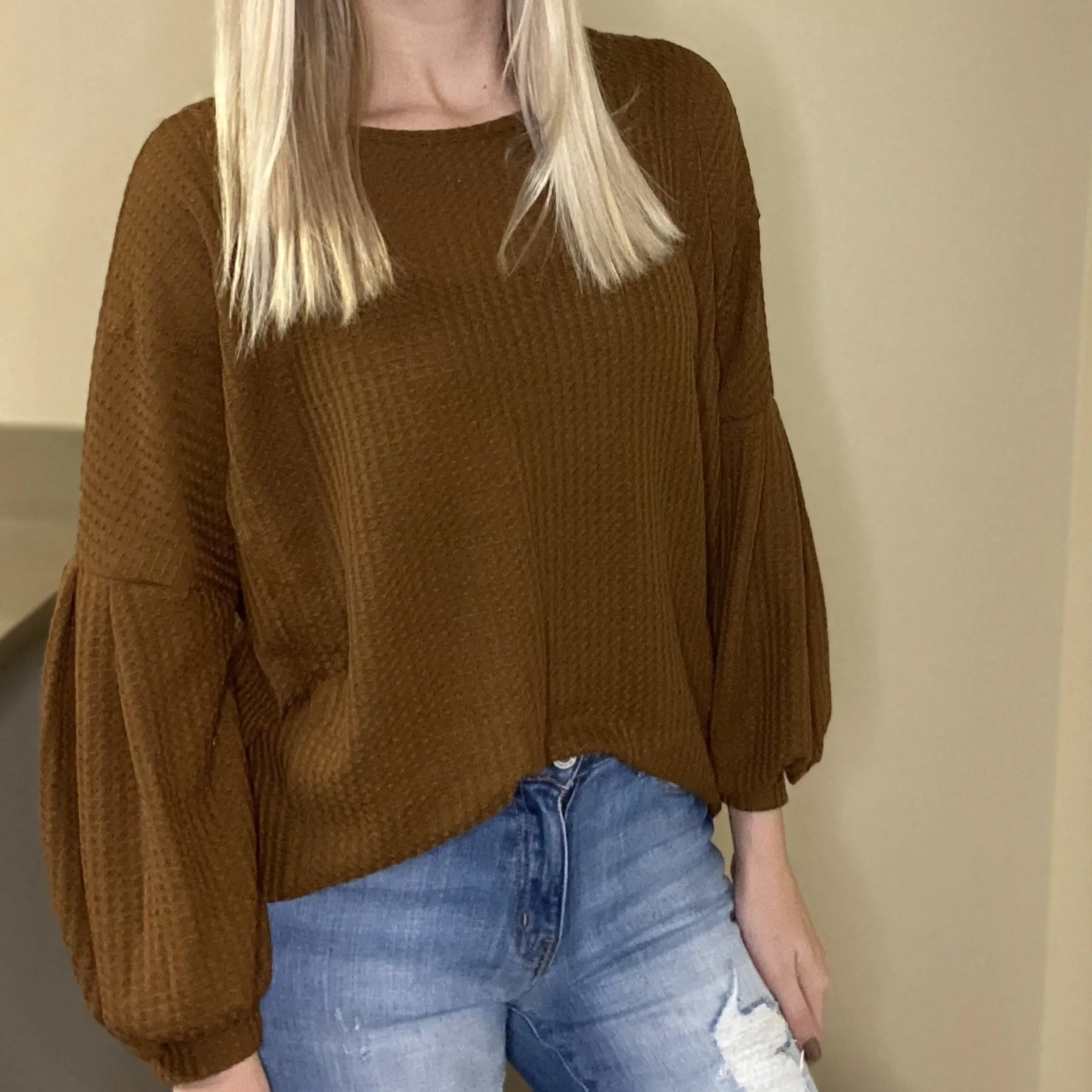 Open Back Balloon Sleeve Waffle Knit Top in Camel