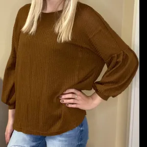 Open Back Balloon Sleeve Waffle Knit Top in Camel