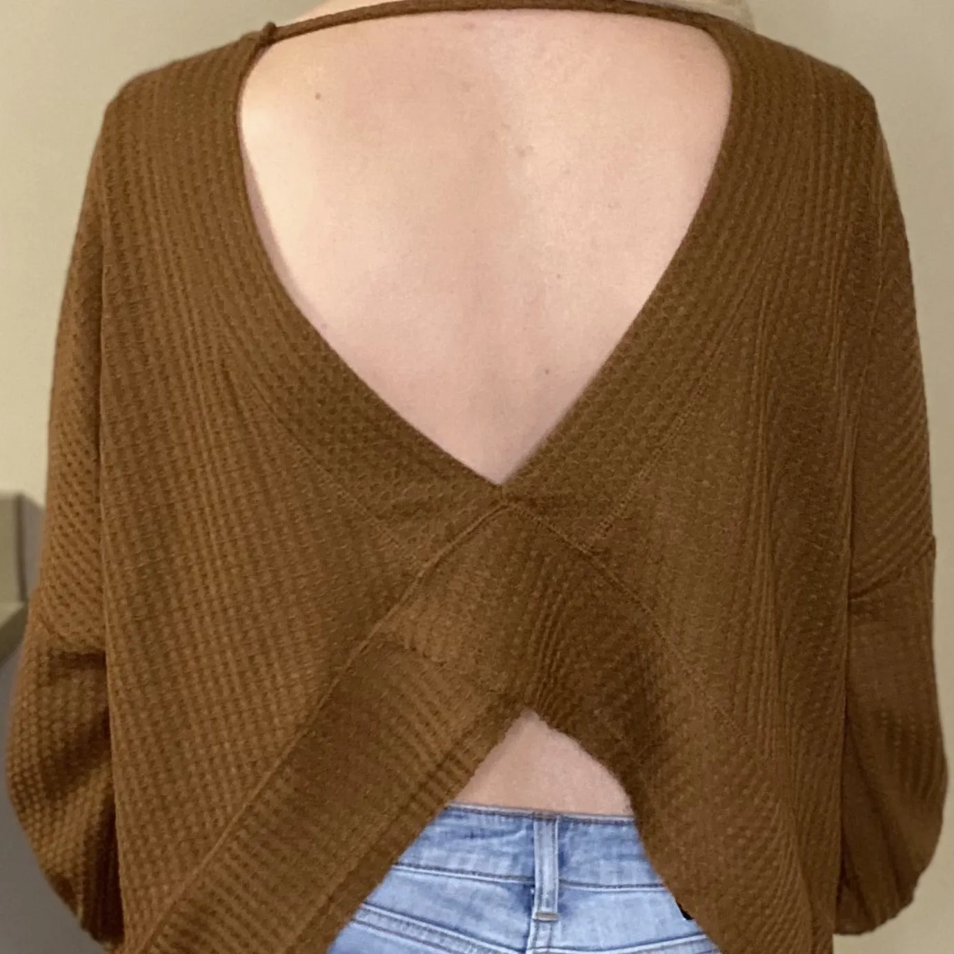 Open Back Balloon Sleeve Waffle Knit Top in Camel