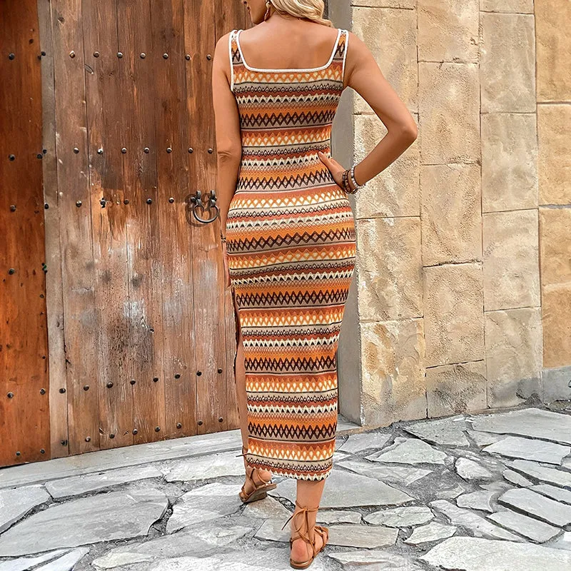 Orange Printed Slip Dress Withside Slit