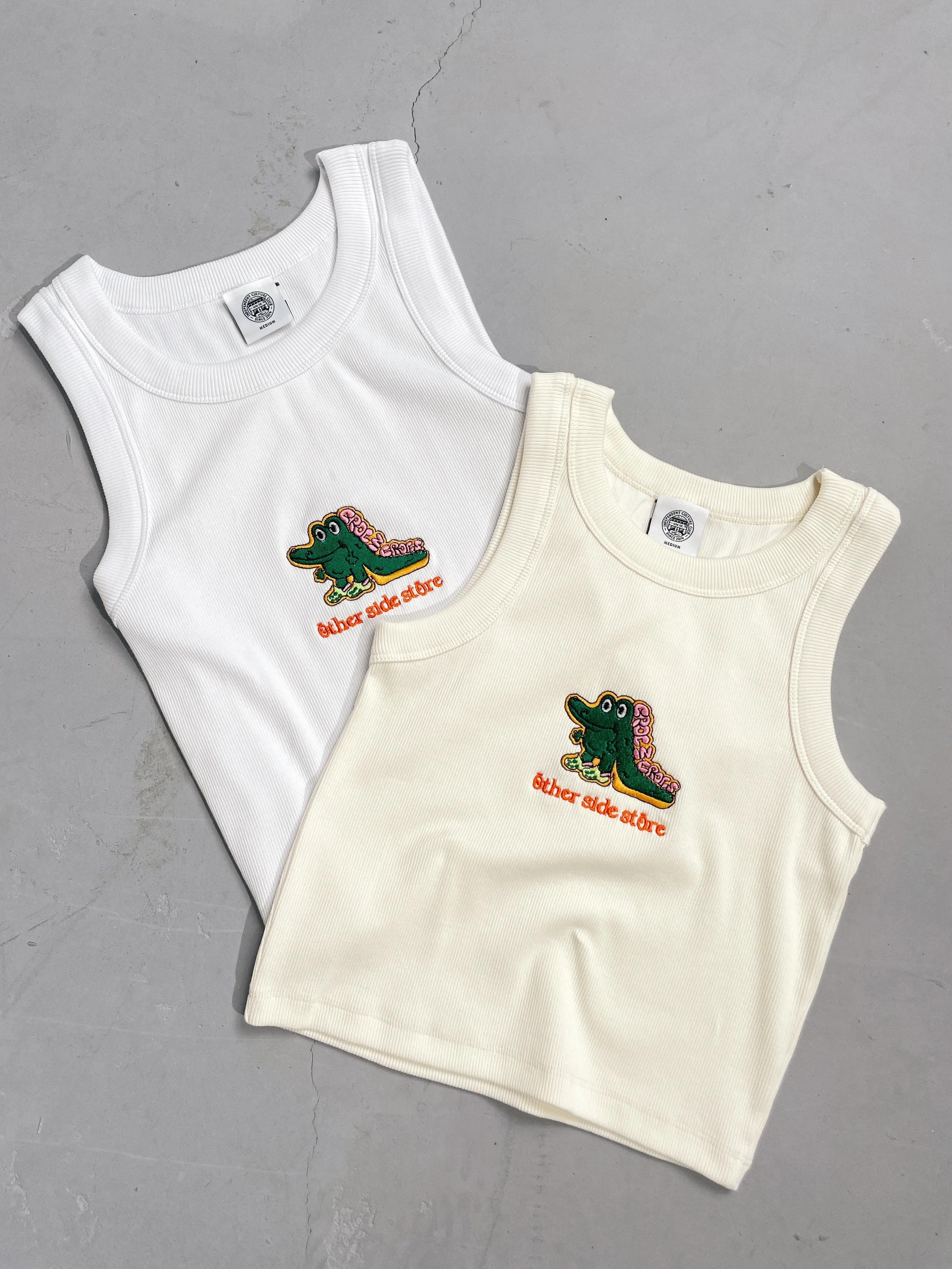 Other Side Store WMNS 'Crocs' Embroidered Crop Rib Tank - White