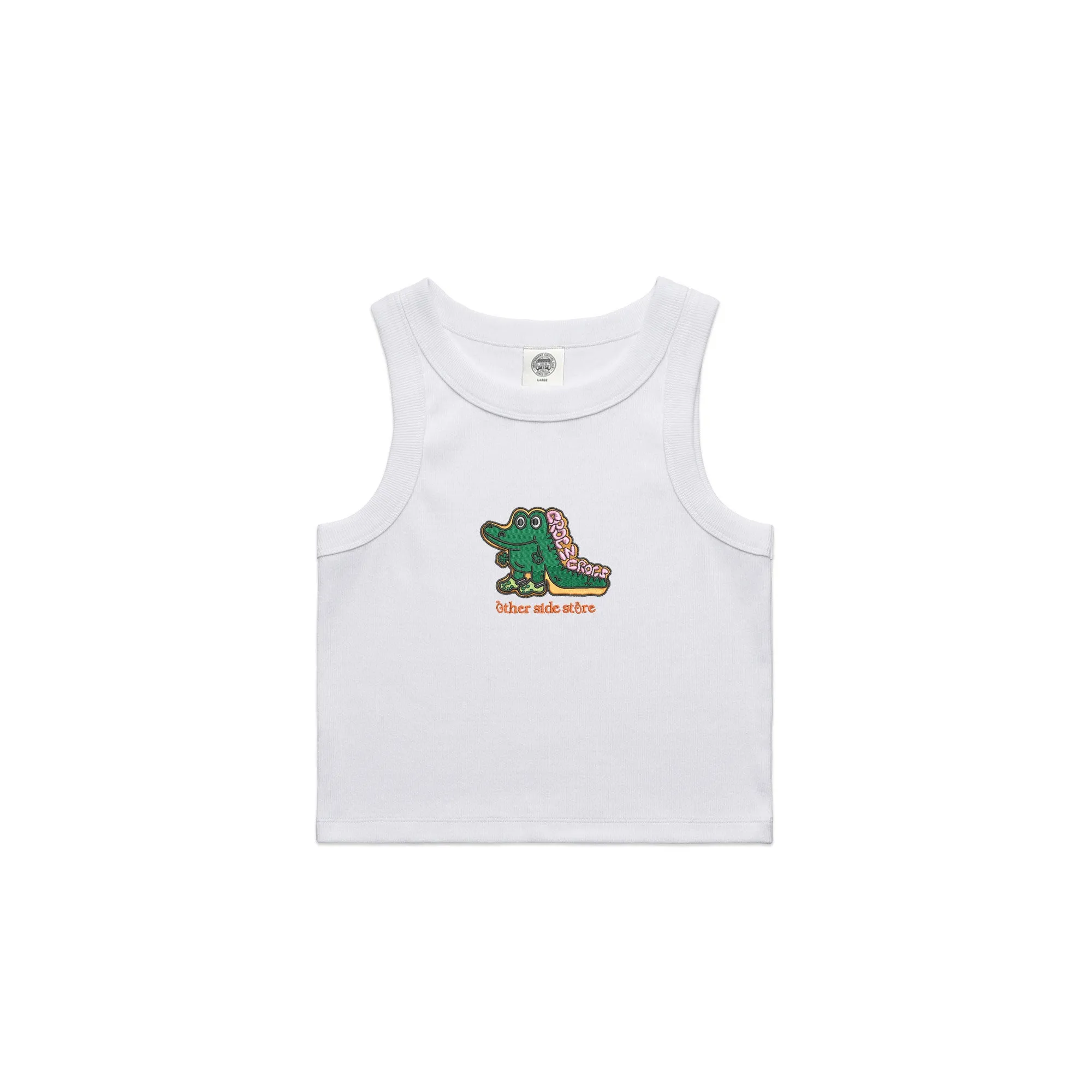 Other Side Store WMNS 'Crocs' Embroidered Crop Rib Tank - White