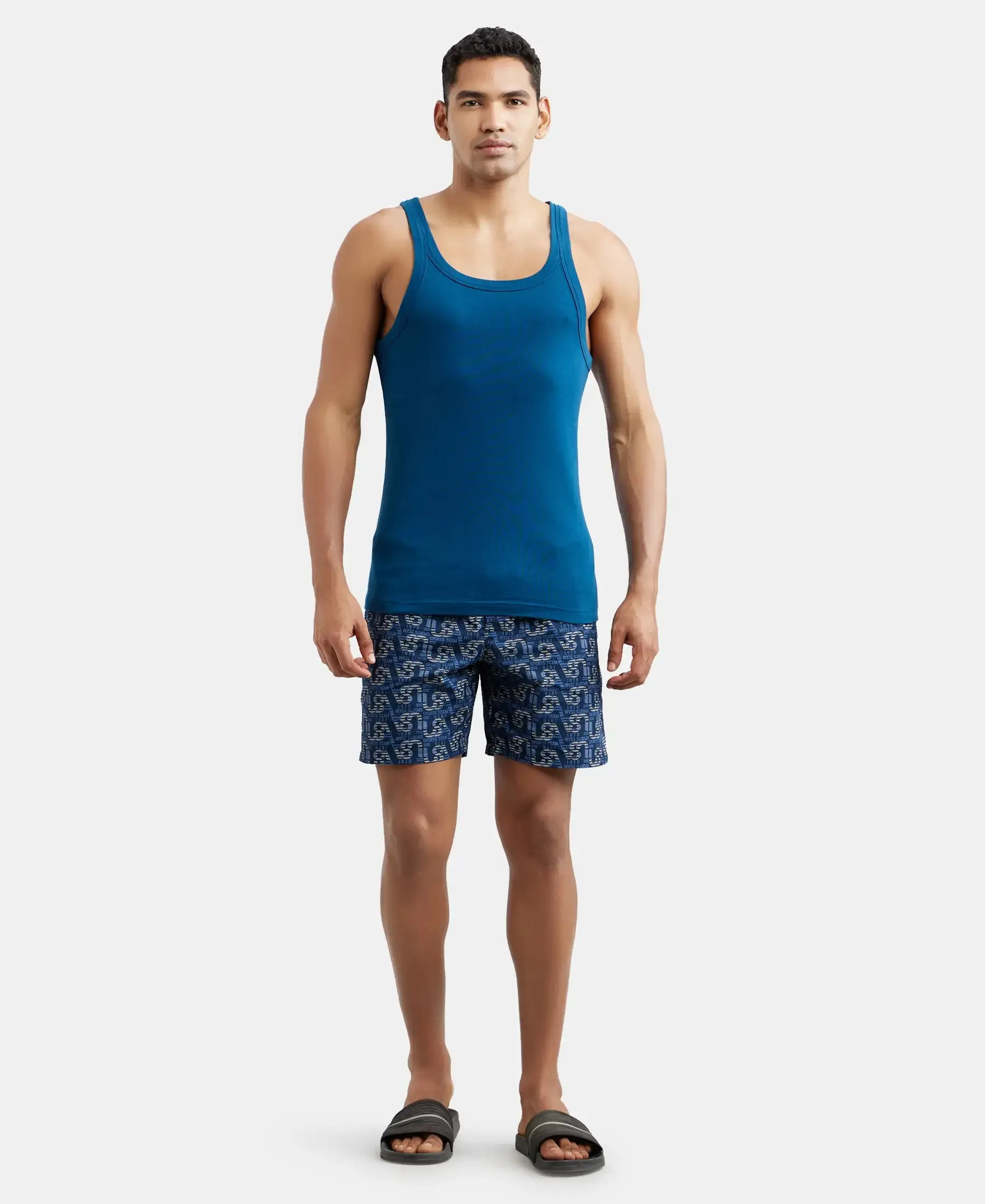 Pack of 3 Super Combed Cotton Rib Square Neck Gym Vest - Poseidon, Red Pepper & Deep Olive