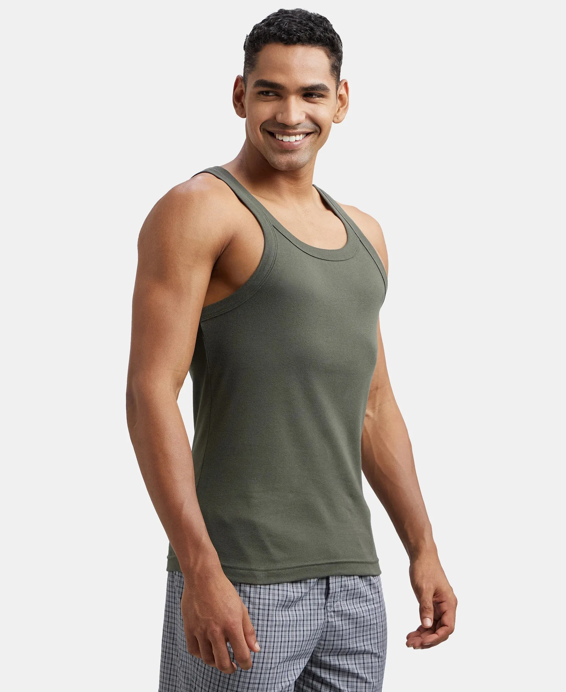 Pack of 3 Super Combed Cotton Rib Square Neck Gym Vest - Poseidon, Red Pepper & Deep Olive