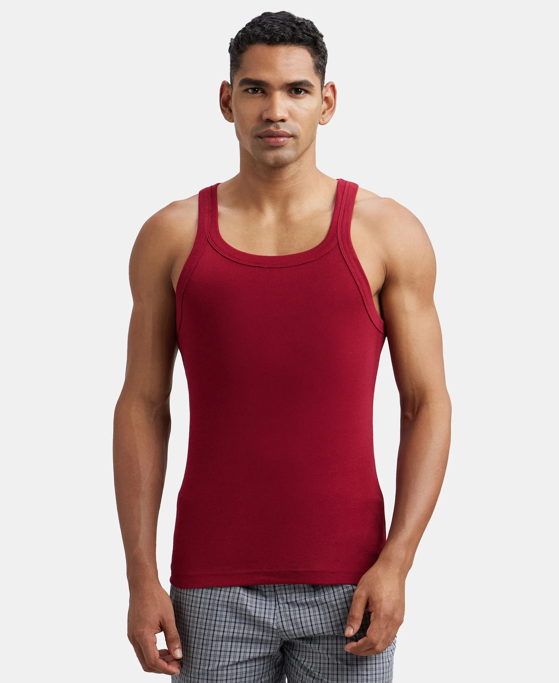 Pack of 3 Super Combed Cotton Rib Square Neck Gym Vest - Poseidon, Red Pepper & Deep Olive