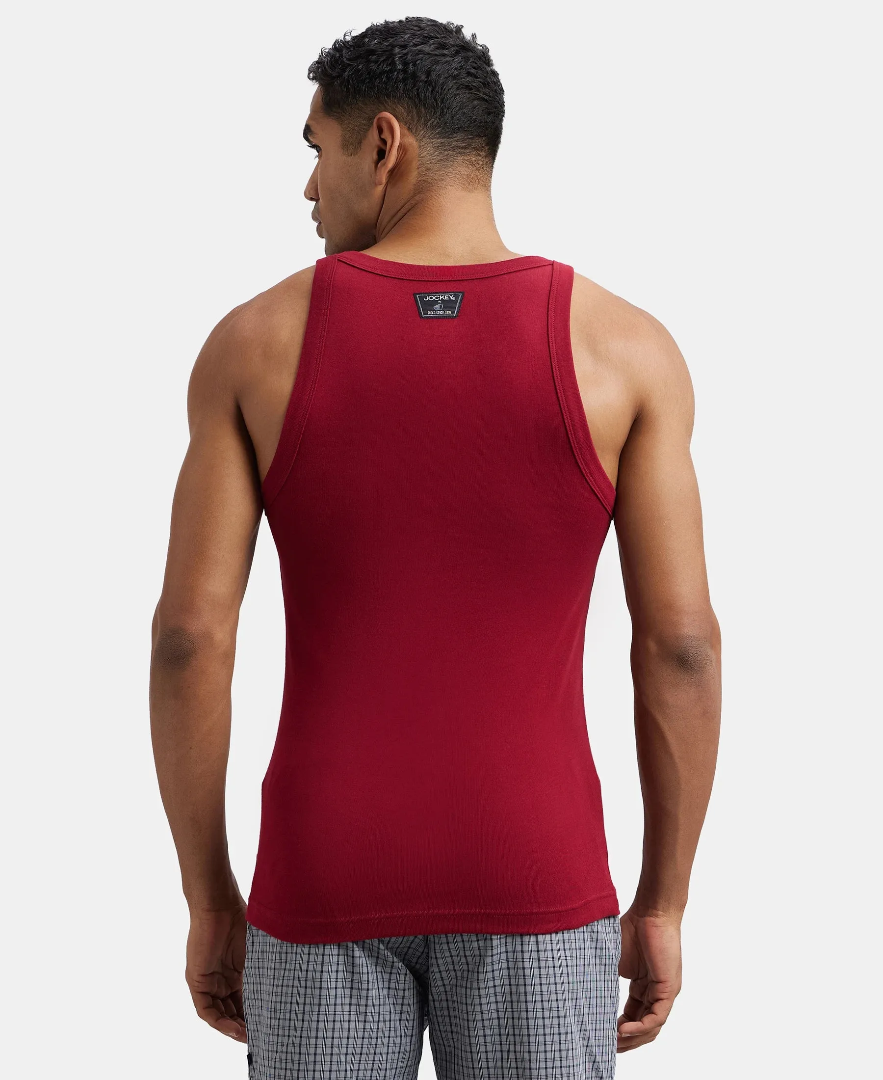 Pack of 3 Super Combed Cotton Rib Square Neck Gym Vest - Poseidon, Red Pepper & Deep Olive